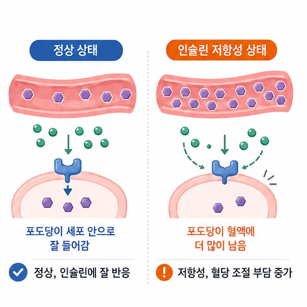 정상 상태에서는 포도당이 세포 안으로 잘 들어가지만 인슐린 저항성이 생기면 같은 양의 인슐린으로 혈당을 조절하기 어려워지는 과정을 비교한 그림