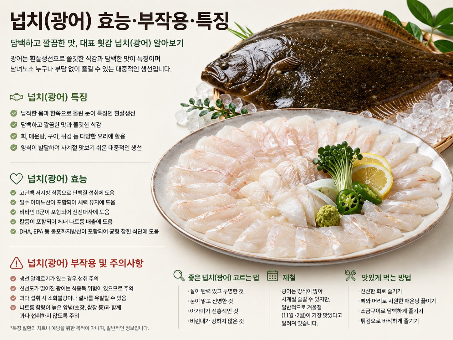 넙치(광어) 효능 부작용 특징 담백해서 계속 찾게 되는 대표 횟감 알아보기