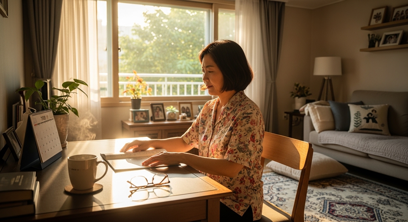 창가에서 가족 일정과 나의 시간을 기록하는 노년 여성의 손