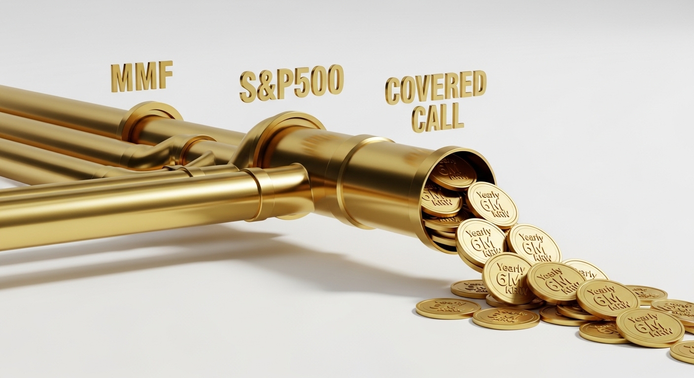 안전한 MMF, 성장하는 S&P500, 고배당 커버드콜이 섞여서 '연 600만원'이라는 현금을 만들어내는 파이프라인 이미지