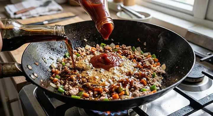 간장과 케첩 양념이 재료에 코팅되는 과정