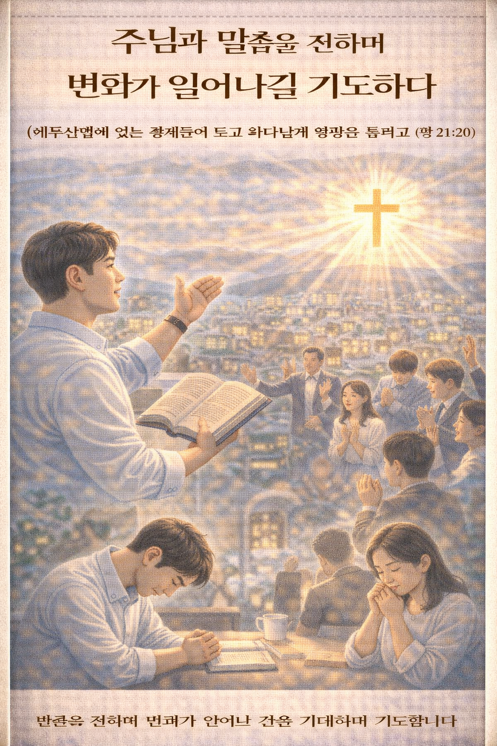 행21:20 말씀을 보며, 바울이 말씀을 전할 때, 하나님을 찬양하고 믿는 자들이 일어나며, 율례와 규례를 지키려는 자가 되는 변화가 일어난 것처럼, 오늘도 주님과 말씀을 전하며 그들에게 변화가 일어날 것을 기대하며 기도하는 시간을 가지고 전하려는 시도를 하는 모습입니다.