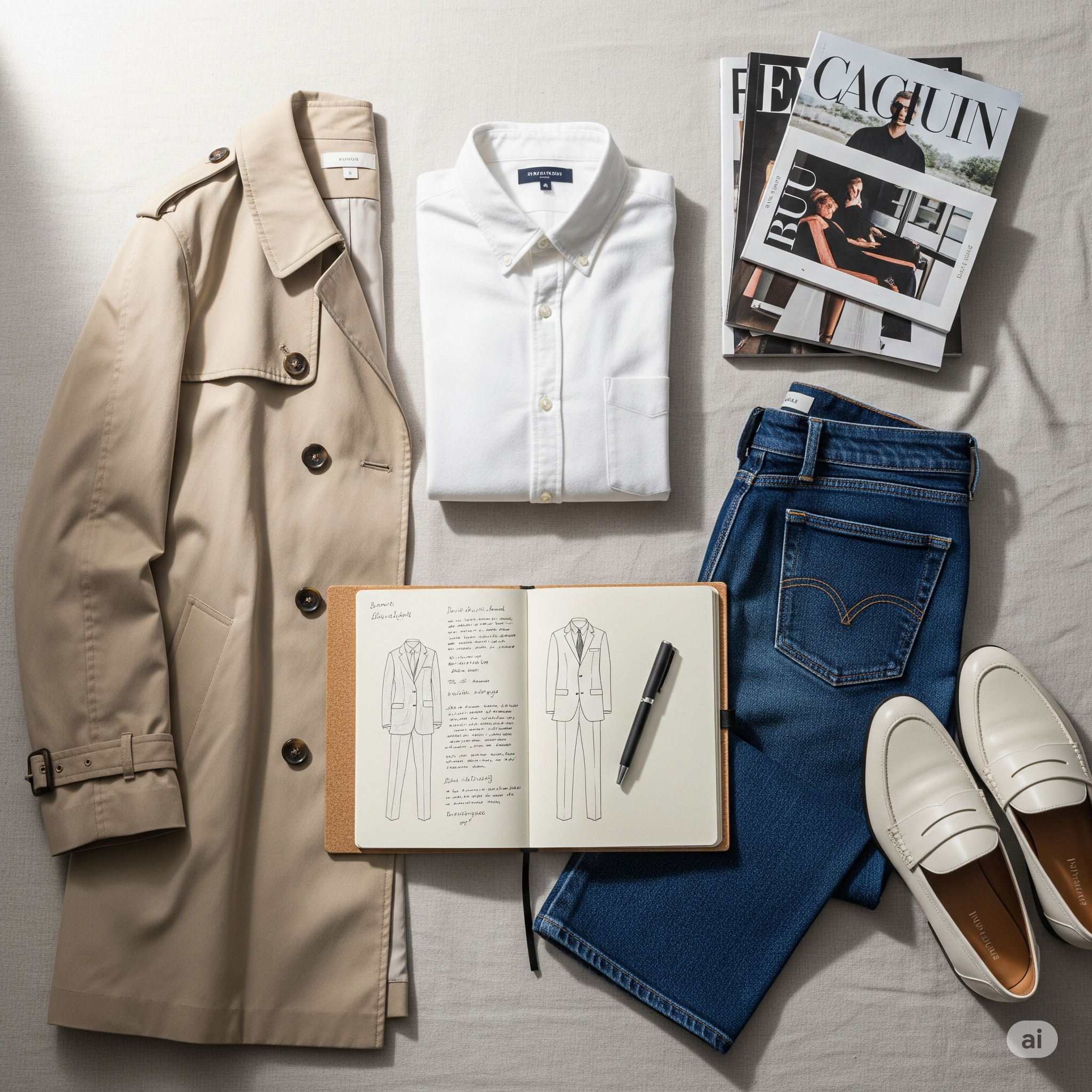 베이지색 트렌치 코트, 흰색 셔츠, 청바지 등 클래식한 의상 옆에 쇼핑 계획이 적힌 노트와 펜이 놓여 있어 신중한 쇼핑 전략을 상징하는 이미지.