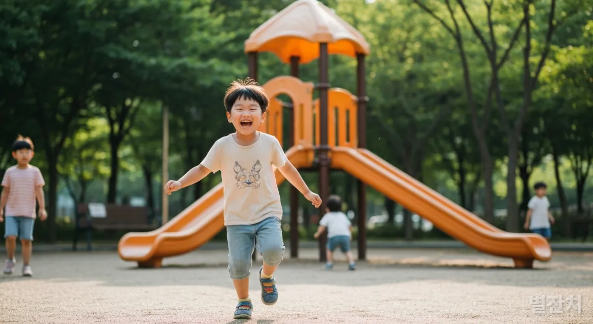 햇살 좋은 공원 놀이터에서 즐겁게 뛰어노는 한국 아이