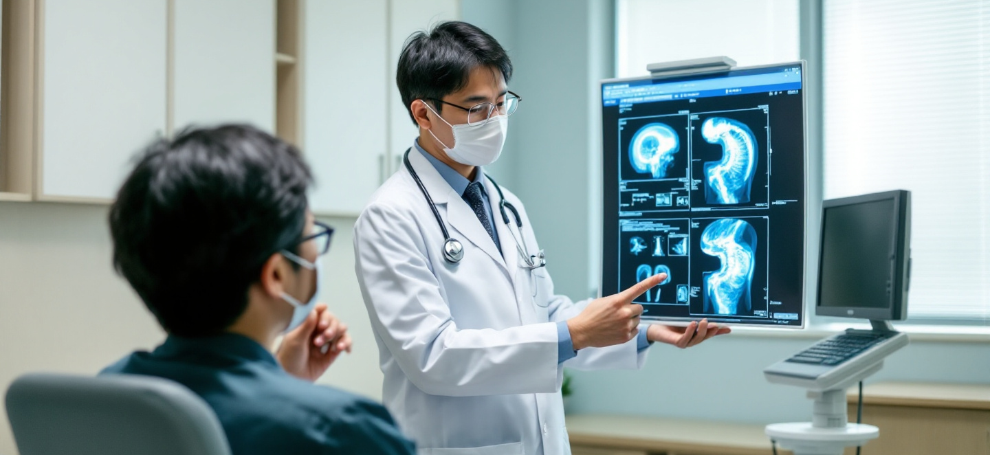 MRI사진 판독을 통해 환자에게 설명하고 있는 의사