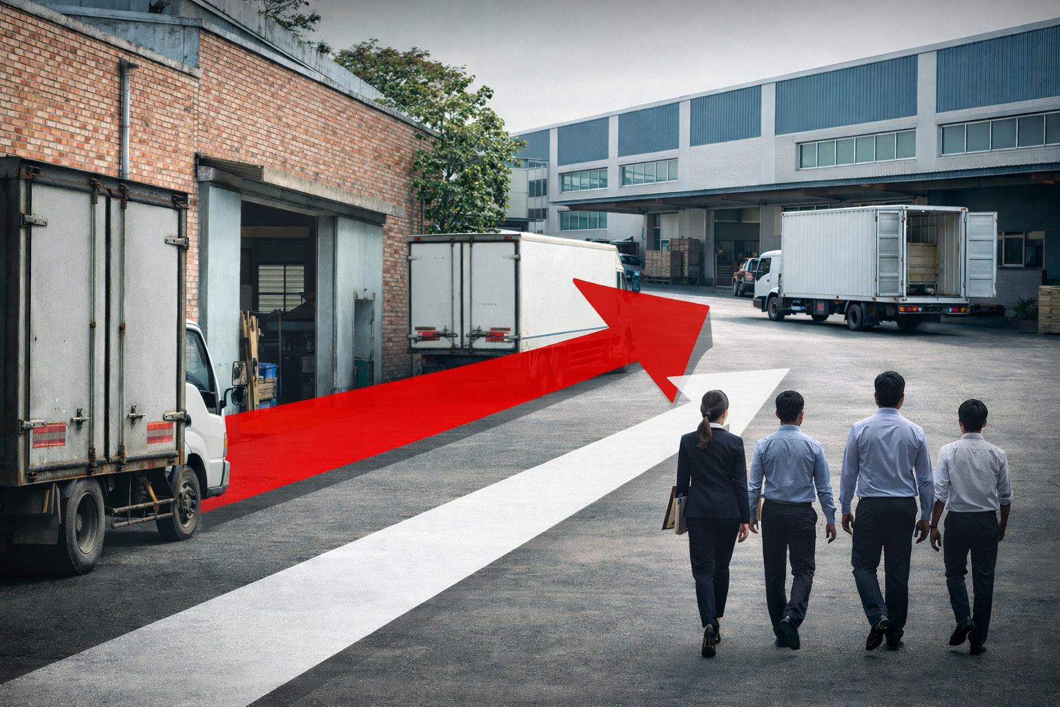구형 공장에서 현대식 공장으로 향하는 관리자와 직원들, 이동을 상징하는 화살표