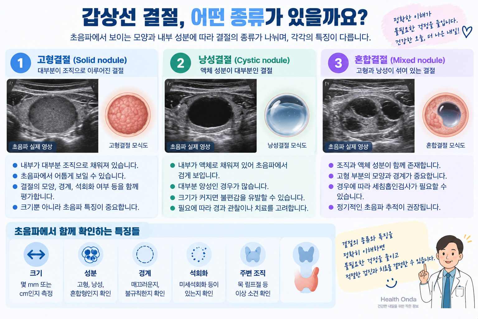 갑상선 결절의 크기와 초음파 특징을 비교하는 설명 그림