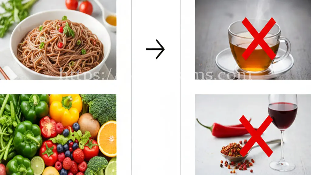 왼쪽에는 안면홍조에 도움이 되는 음식, 오른쪽에는 피해야 할 음식 이미지.
