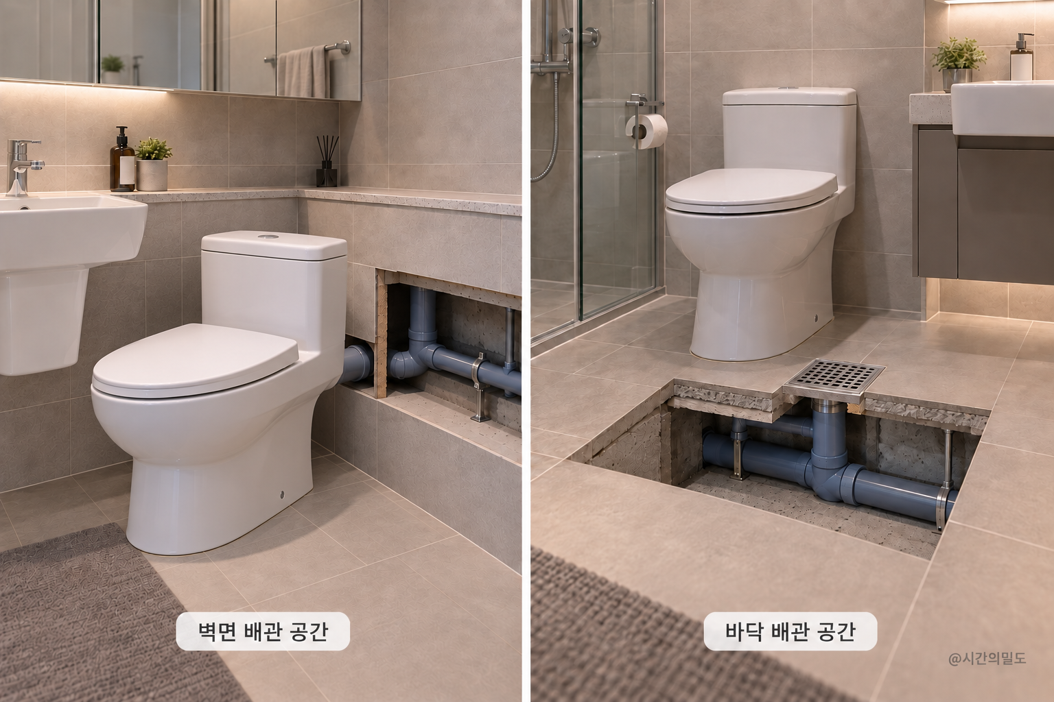 층상벽면배관의 벽 선반 공간과 층상바닥배관의 바닥 설비 공간을 나란히 보여주는 욕실 절개 그림