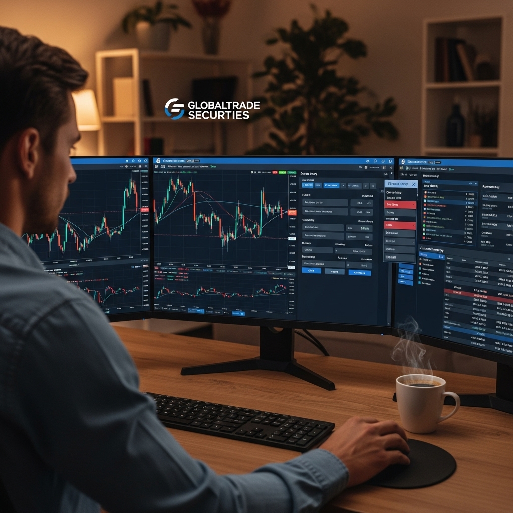 컴퓨터 화면에 증권사 MTS/HTS가 열려있고, ETF 차트와 주문 창을 보며 매매하는 투자자의 모습. 실제 ETF 거래 과정을 암시합니다.2