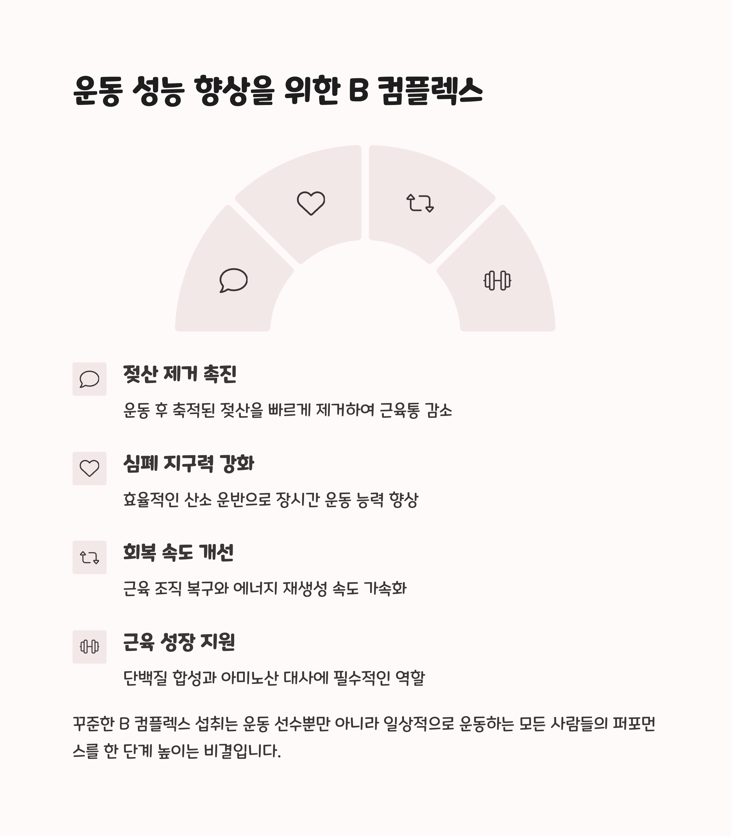 운동 성능 향상을 위한 B 컴플렉스의 기능 설명 - 젖산 제거, 심폐 기능 강화, 회복 속도 및 근육 성장 지원 강조