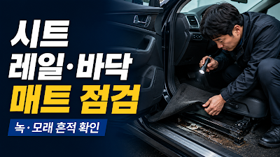 침수차 확인을 위해 시트 레일&middot;고정 볼트&middot;바닥 카펫의 녹과 오염을 점검하는 이미지