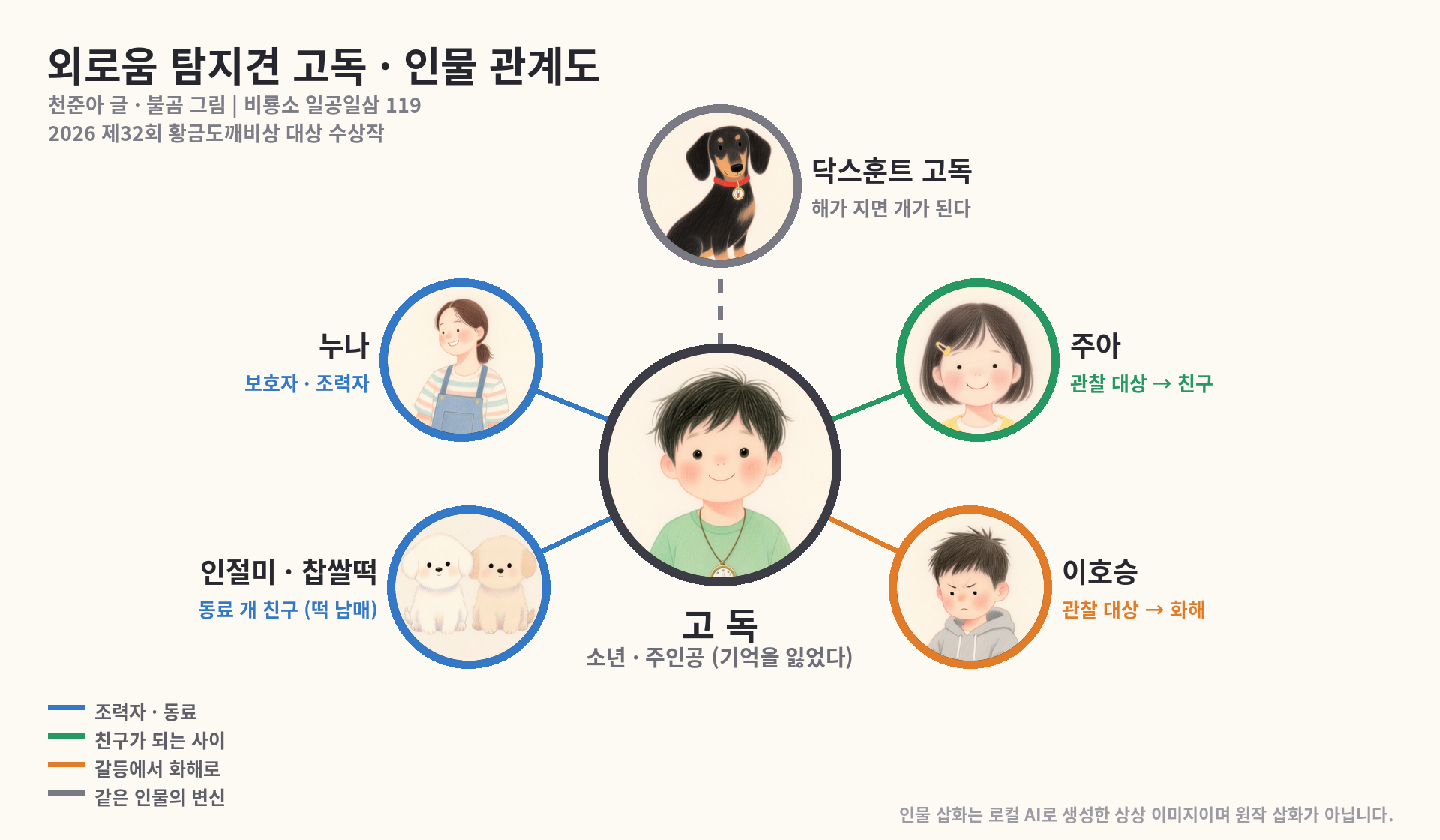 외로움 탐지견 고독 인물 관계도 - 고독을 중심으로 누나, 인절미 찹쌀떡, 주아, 이호승, 닥스훈트 고독의 관계를 정리한 그림