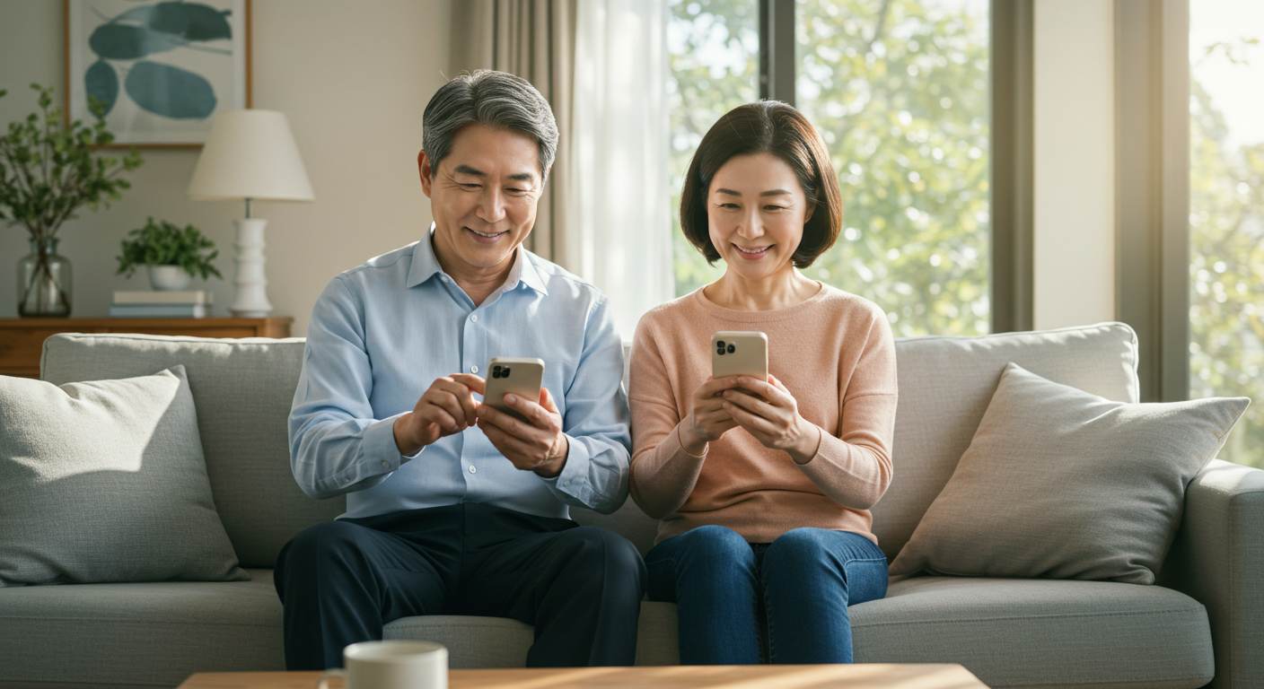 스마트폰으로 업무를 처리하는 부부