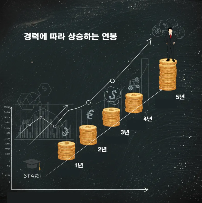 높은 연봉 성장을 상징하는, 금융 분야의 5년간 상승하는 경력 경로를 보여주는 컨셉 일러스트레이션.
