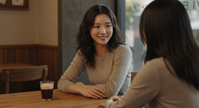 친구에게 위로받으며 미소 짓는 한국인 여성