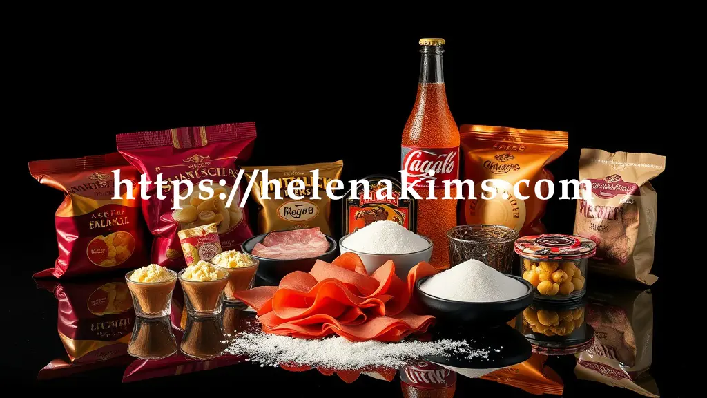 어두운 배경에 화려한 포장의 가공 스낵, 붉은색 가공육 슬라이스, 설탕이 가득한 탄산음료 병, 그리고 흰색 정제 설탕 더미가 중앙에 배치되어 있다.