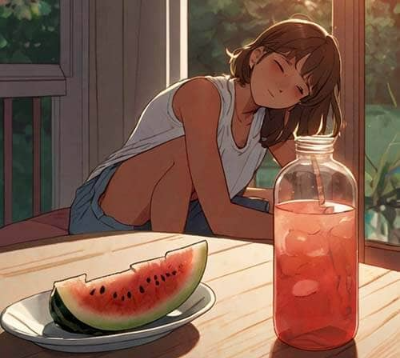 지친 모습으로 과일과 시원한 물을 바라보는 여자의 모습