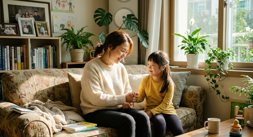 따뜻한 햇살이 비치는 거실에서 한국인 어머니가 발달장애 자녀의 손을 부드럽게 잡고 서로를 바라보며 미소
