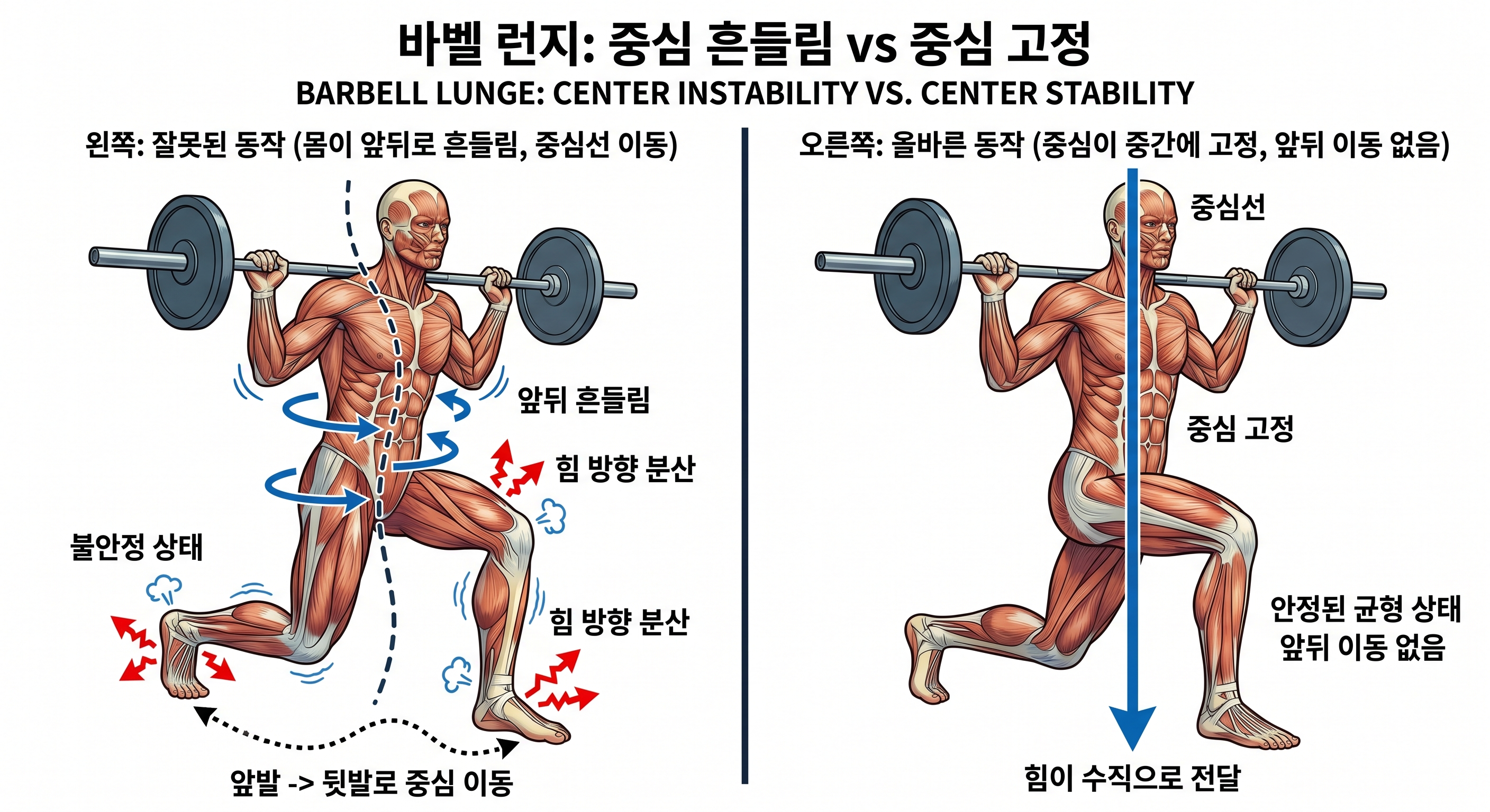 바벨 런지: 중심 흔들림 vs 중심 고정