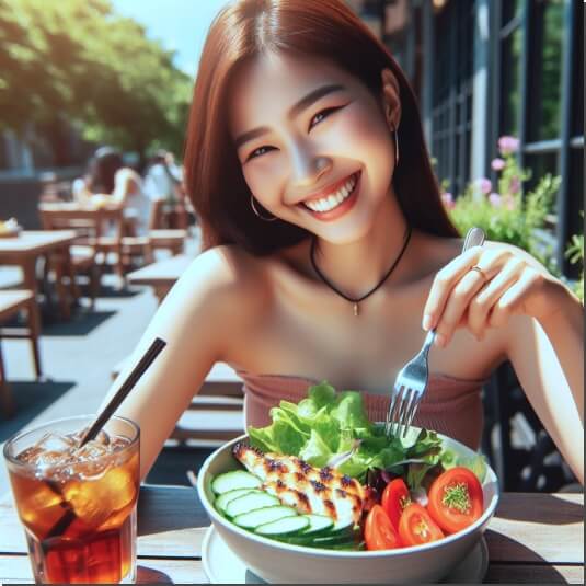 간 수치 관리에 좋은 샐러드와 생선을 먹는 여성