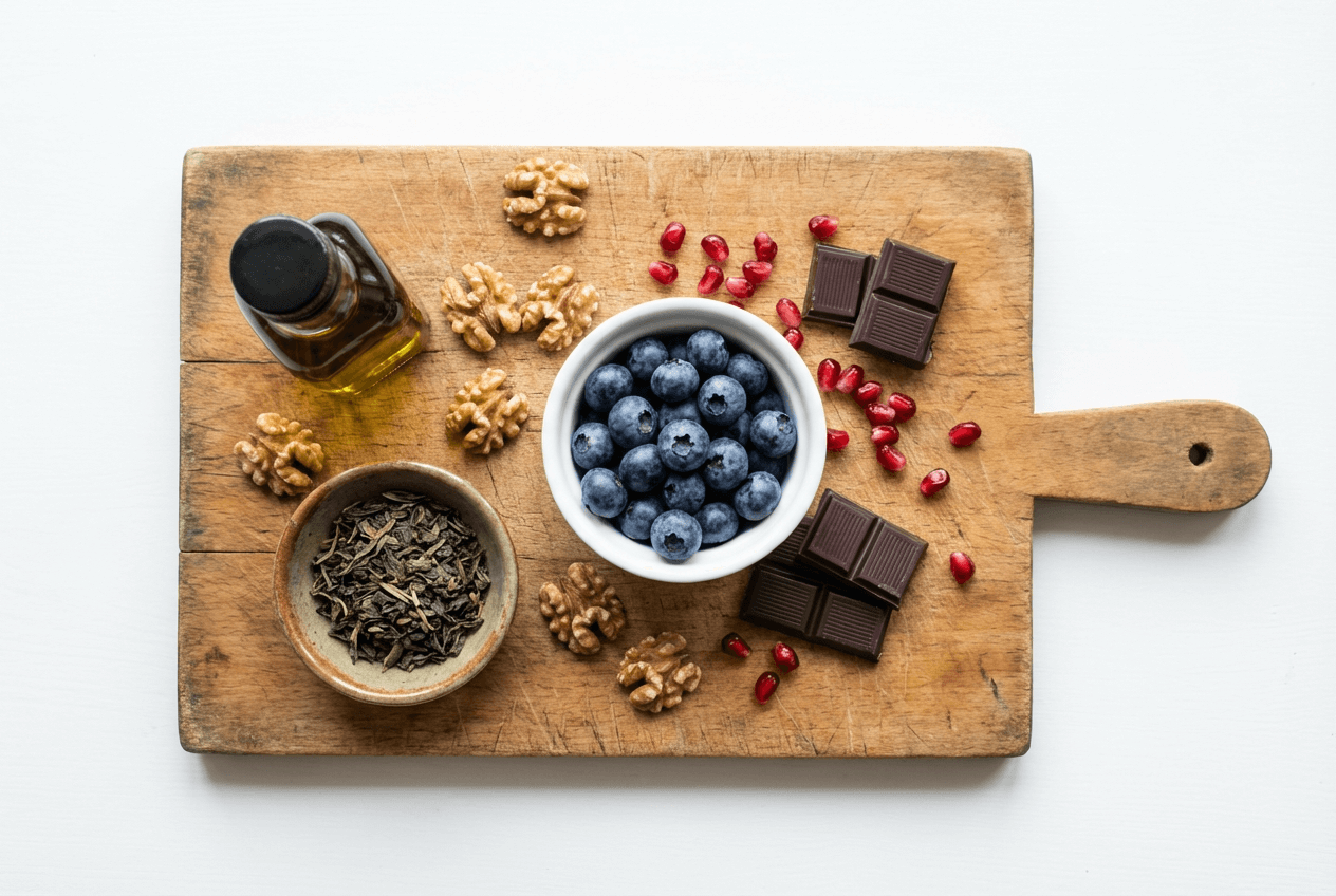 다양한 폴리페놀 식품이 나무 도마 위에 배열된 모습, 블루베리&middot;다크초콜릿&middot;녹차&middot;올리브오일&middot;석류&middot;호두, 자연광 플랫레이