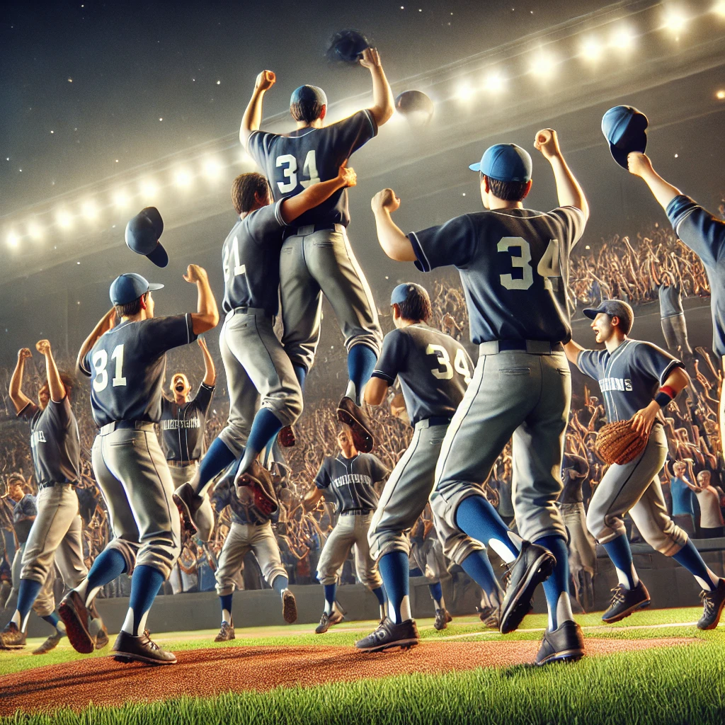 경기에서 승리한 야구팀이 환호를 하고 있는 그림