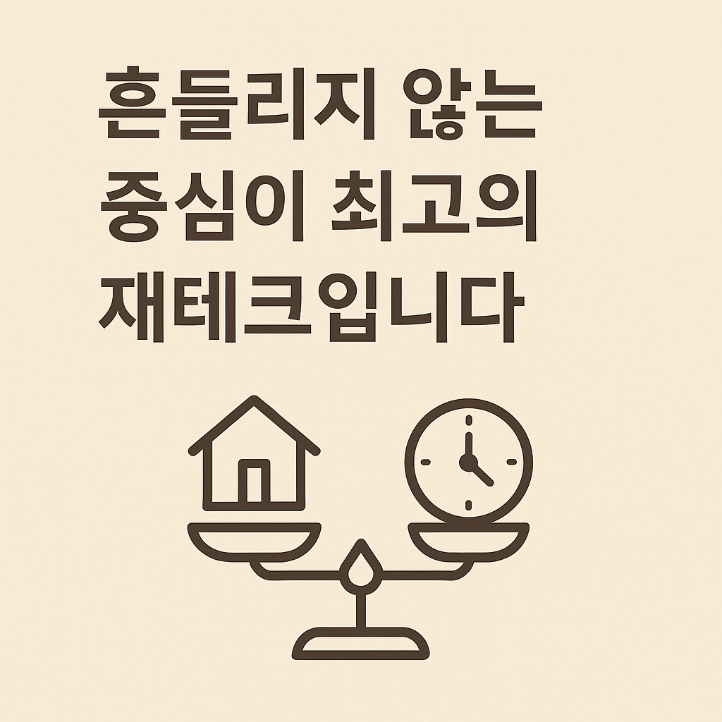 흔들리지 않는 중심이 최고의 재테크입니다라는 문구와 저울 위의 집과 시계 아이콘이 함께 배치된 미니멀한 일러스트