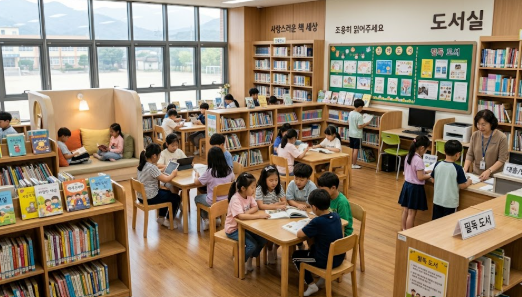 아이들이 학교 도서관을 이용하고 있는 모습
