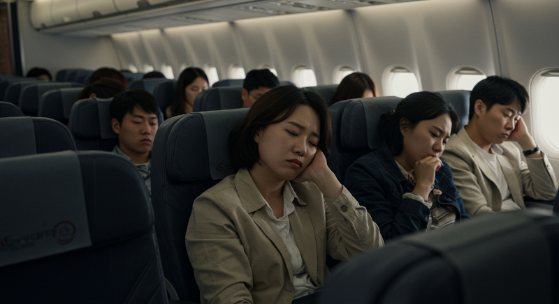장거리 비행 중 불편한 자세로 앉아 피로감을 느끼는 승객들.