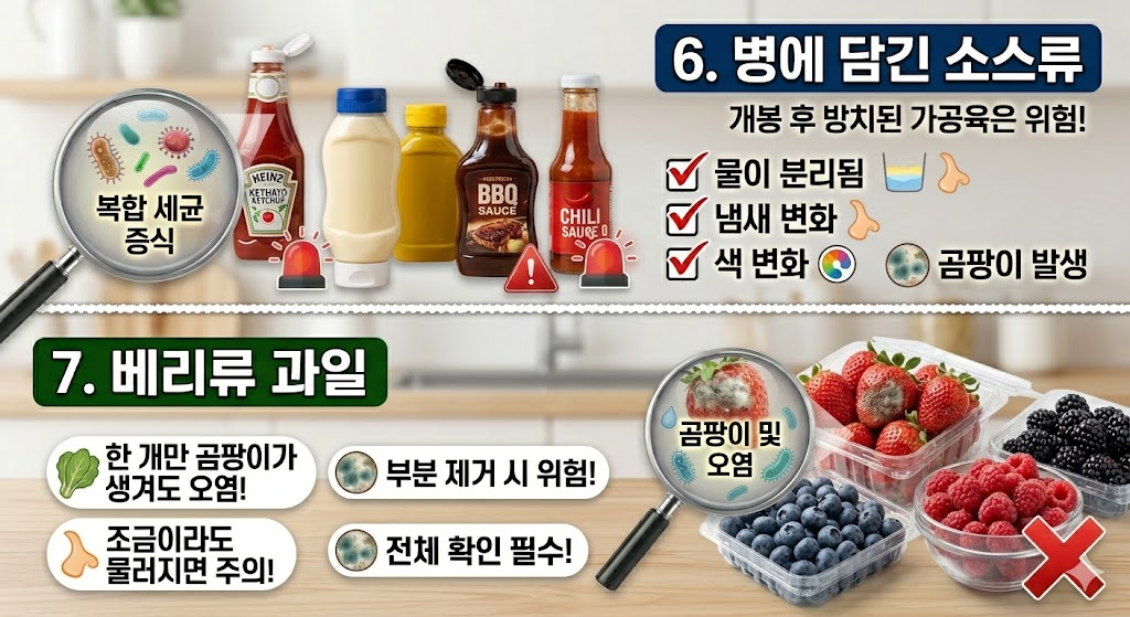 병에 담긴 소스류와 베리류 과일의 변질 징후 및 보관 주의사항을 설명하는 인포그래픽 이미지. 상단 '6. 병에 담긴 소스류' 섹션에는 케첩, 마요네즈, BBQ 소스 등과 함께 '복합 세균 증식' 돋보기 이미지가 있으며, 층 분리, 냄새 및 색 변화, 곰팡이 발생 시 주의하라는 체크리스트가 포함되어 있다. 하단 '7. 베리류 과일' 섹션에는 딸기, 블루베리, 라즈베리 팩 이미지와 함께 '곰팡이 및 오염' 돋보기 이미지가 있으며, 한 개만 곰팡이가 생겨도 전체를 확인하고 부분 제거 시 위험하다는 경고 문구가 적혀 있다.
