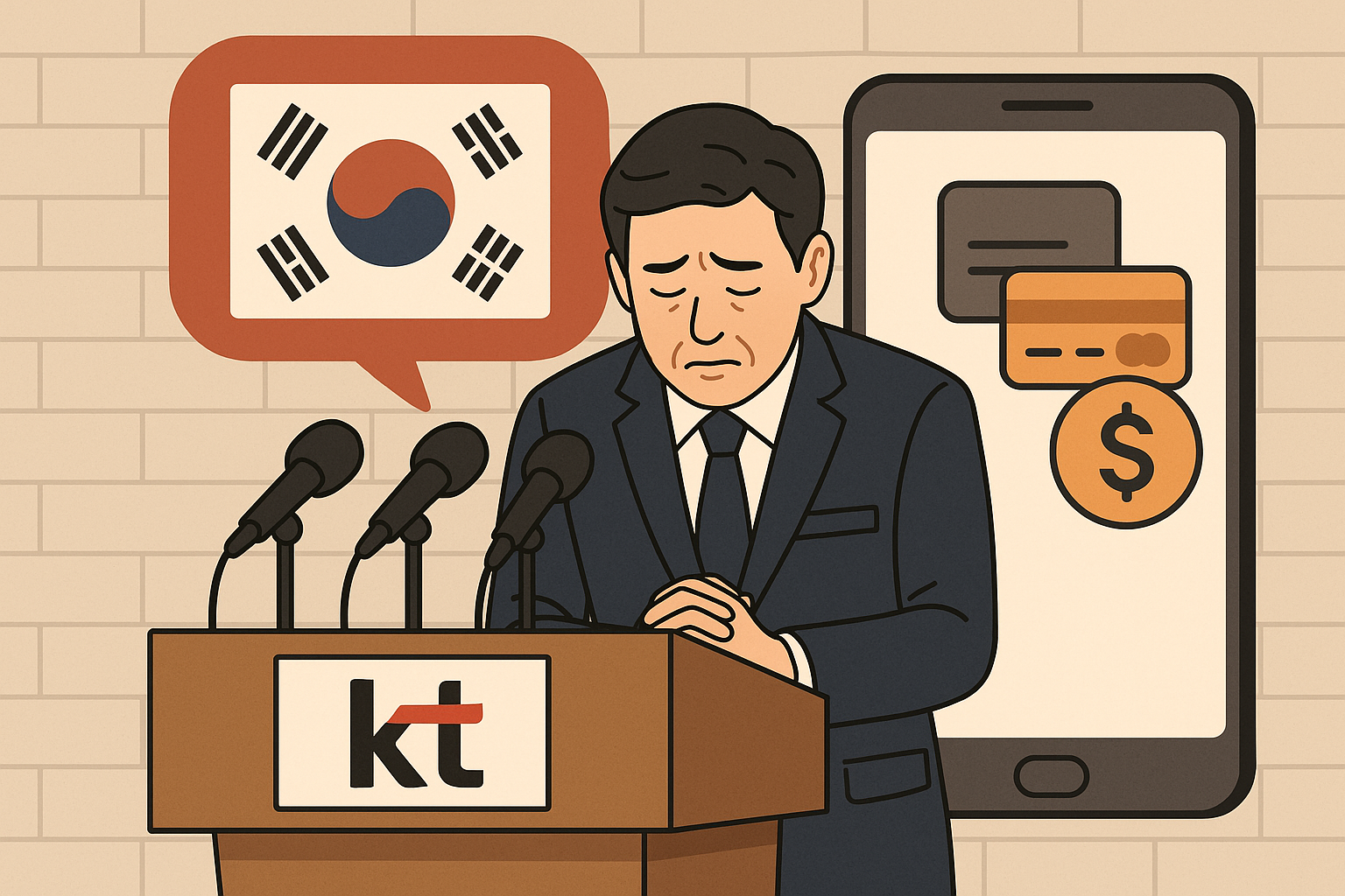 KT IMSI 유출 및 무단 소액결제 사태 일러스트 - KT 관계자가 기자회견에서 대국민 사과를 하는 장면과 개인정보 유출, 결제 아이콘이 함께 표현된 그림