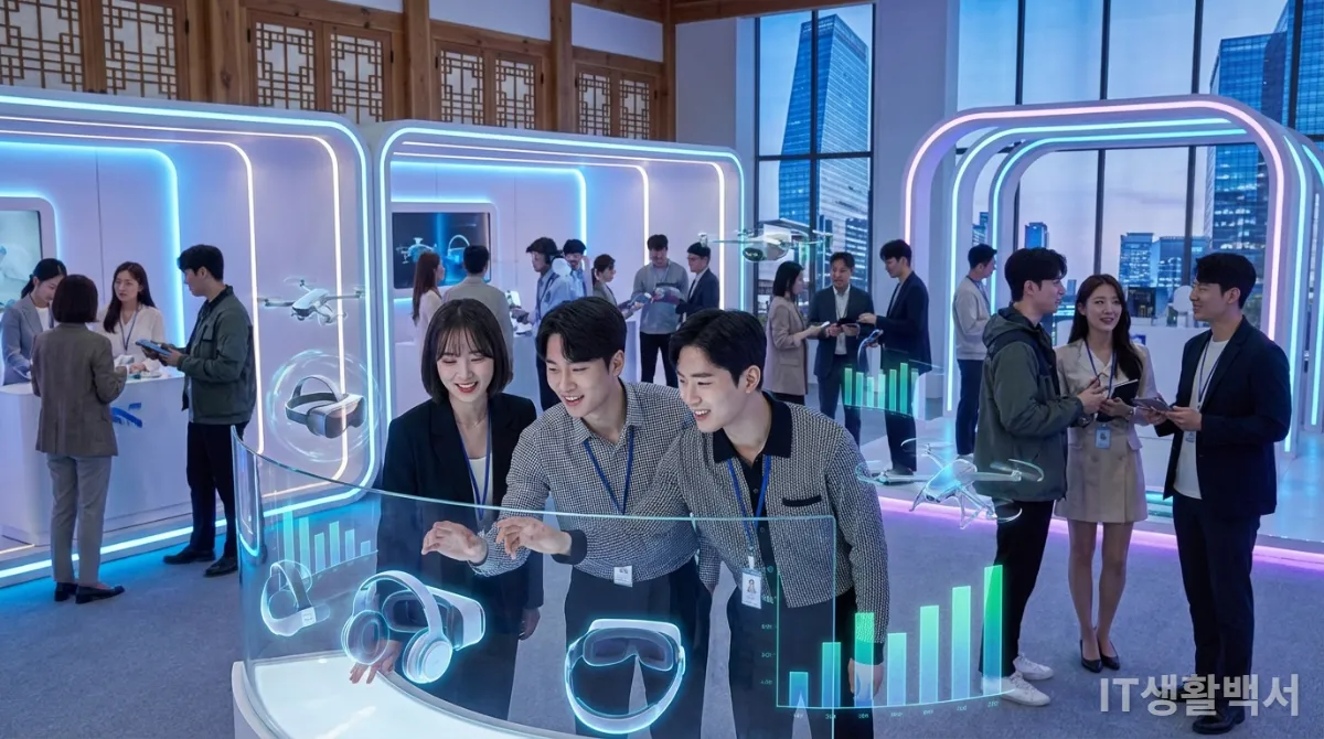 미래 기술 전시회에서 MR 기기 시장 동향을 살펴보는 한국인들