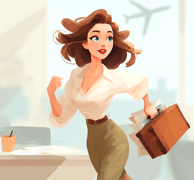 하얀색 블라우스와 카키색 치마를 입고 갈색 가방을 든 미모의 여사장이 달리고 있다.