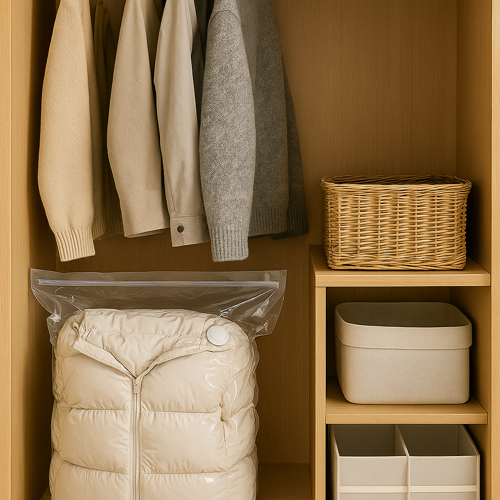 겨울옷을 투명 진공팩에 압축하고 옆에 칸막이 수납함을 둔 옷장 내부