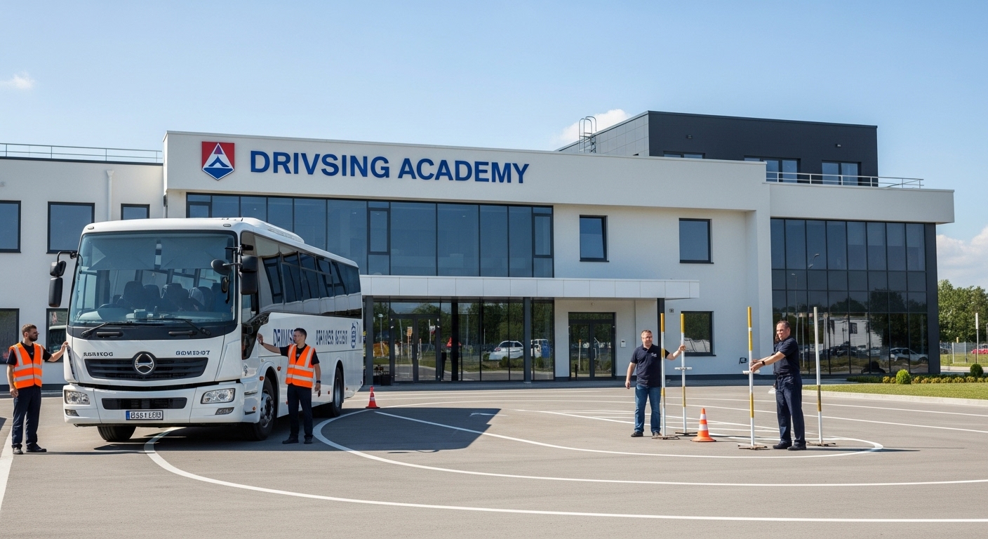 체계적인 교육 환경을 보여주는 운전 전문 학원 풍경. 강사가 학생에게 대형 차량 운전을 지도하고 있습니다.