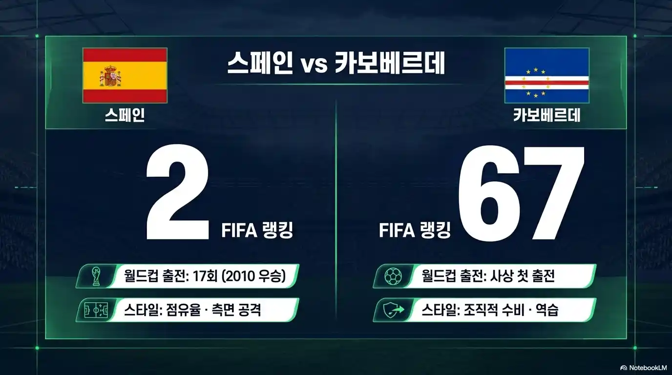 스페인 vs 카보베르데 팀 비교 - 스페인 FIFA 랭킹 2위 월드컵 17회 출전 2010 우승, 카보베르데 FIFA 랭킹 67위 사상 첫 출전