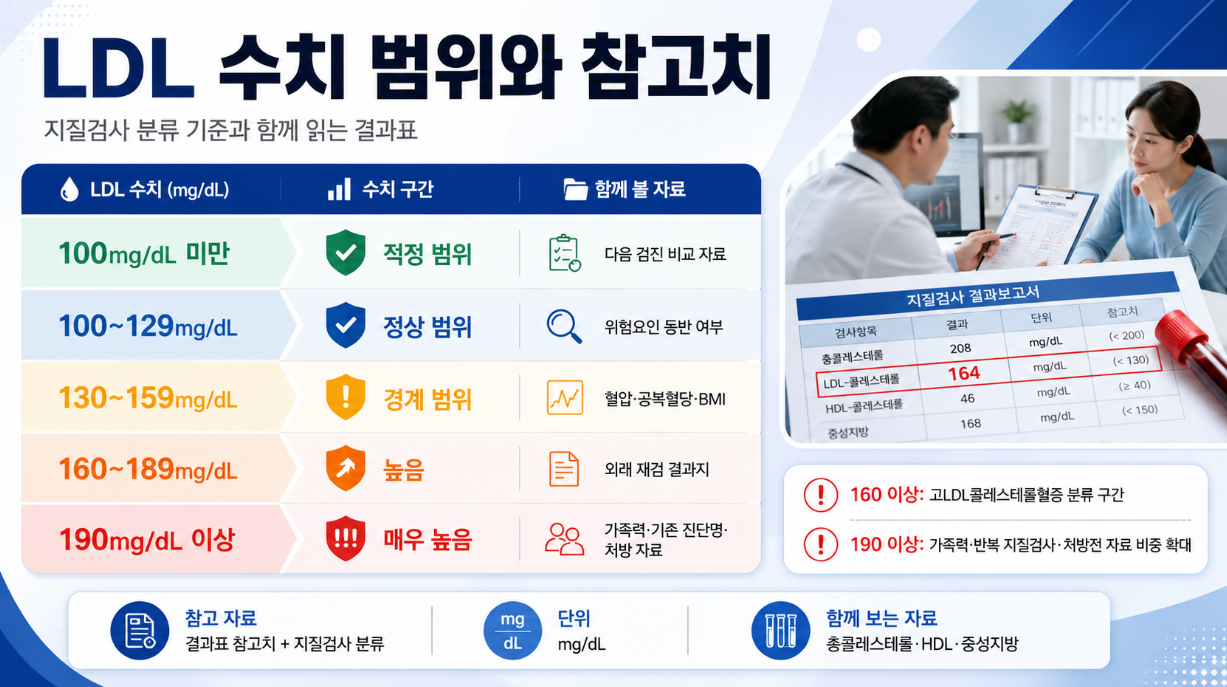 LDL 콜레스테롤 수치 범위별 참고치와 함께 확인할 검진 자료를 정리한 인포그래픽