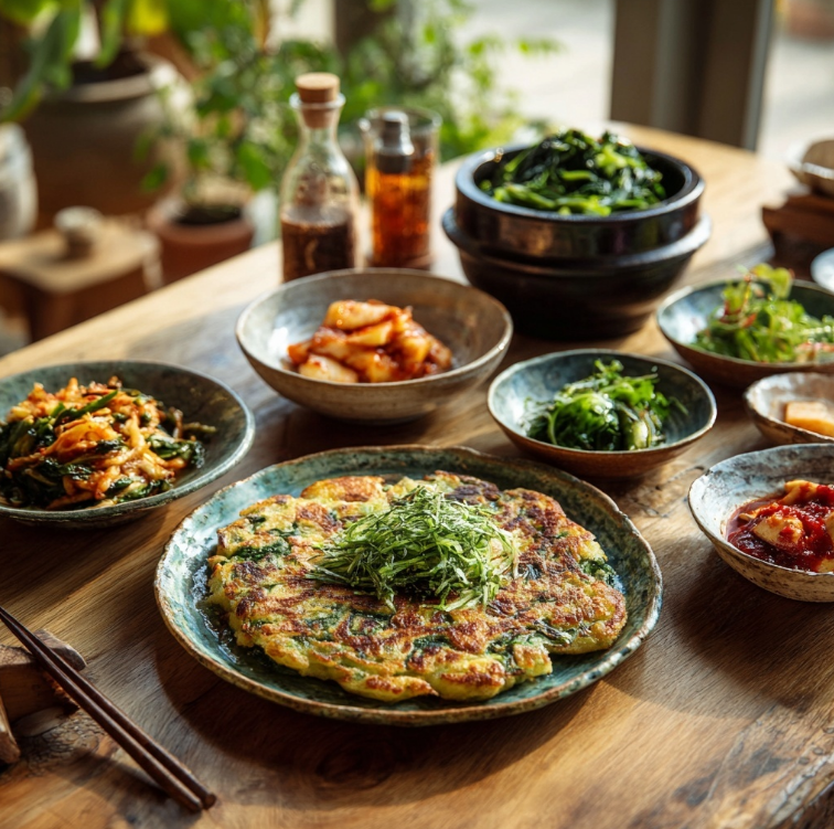 식탁위 밥상 반찬으로 놓은 미나리전
