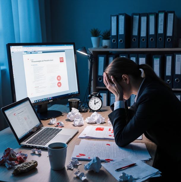 책상에 앉아 노트북 화면을 보며 머리를 감싸 쥐고 스트레스 받는 직장인