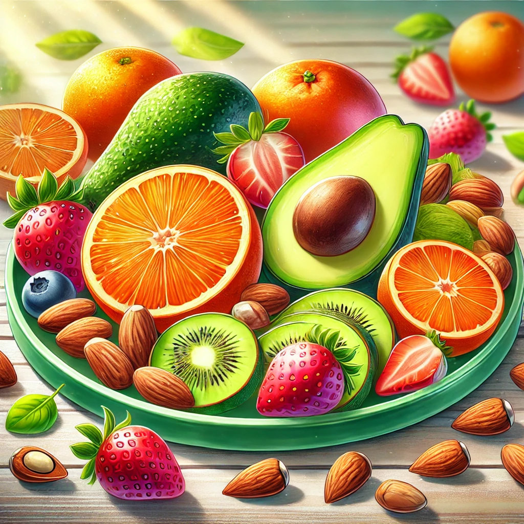 오렌지, 딸기, 아몬드, 아보카도 등 비타민 C와 E가 풍부한 과일과 견과류를 담은 접시. 건강한 식습관이 피부에 미치는 긍정적인 영향을 강조한 이미지.