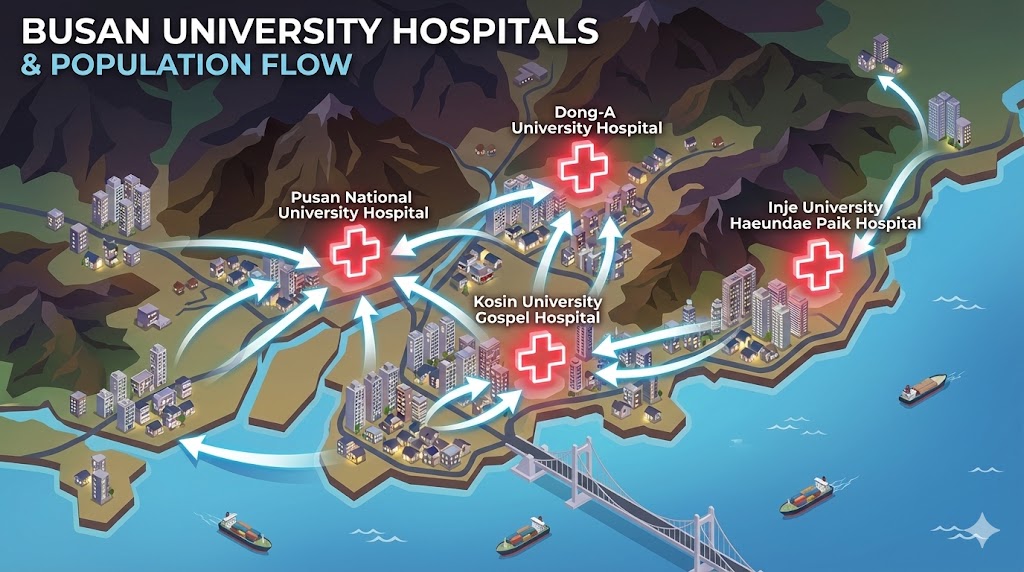부산 지도 위 대학병원 위치와 주변 아파트 단지로 몰리는 인구 이동 인포그래픽