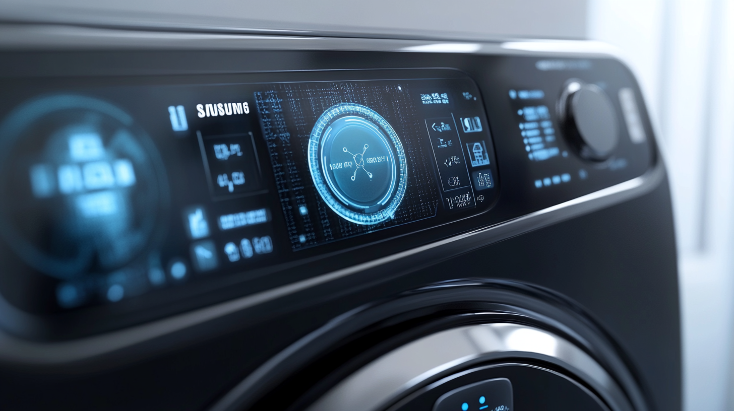 삼성 WF24T8500KV 세탁기의 AI 제어 패널 근접 촬영, 첨단 기술과 직관적인 인터페이스가 돋보이는 현실감 있고 상세한 이미지