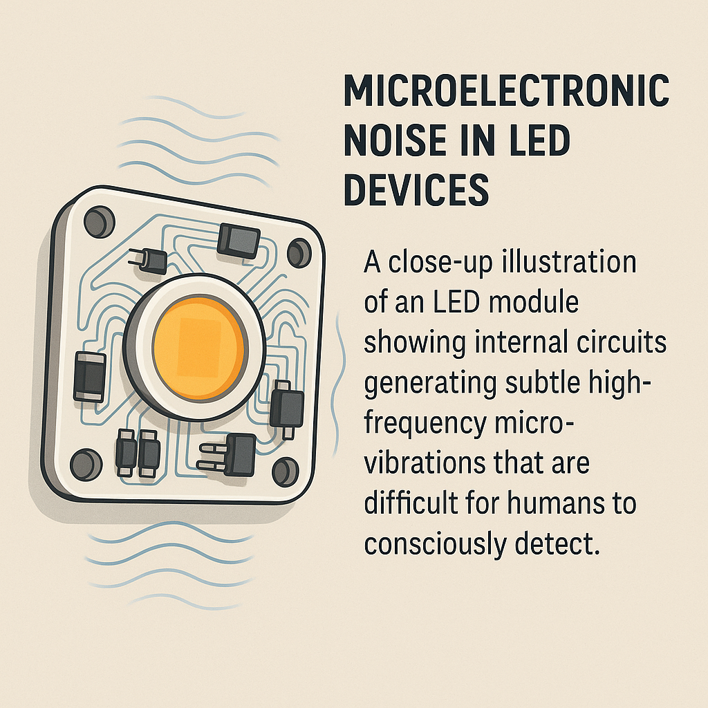 LED 모듈 내부에서 발생하는 **미세한 전자적 진동(micro-vibrations)**을 시각적으로 설명한 인포그래픽이다. 중앙에는 LED 패키지(칩 + 기판 + 전원 연결부)가 그려져 있으며, 주변에 전류 흐름에 의해 생기는 고주파 미세 진동을 상징하는 곡선 파형이 퍼져 있다.