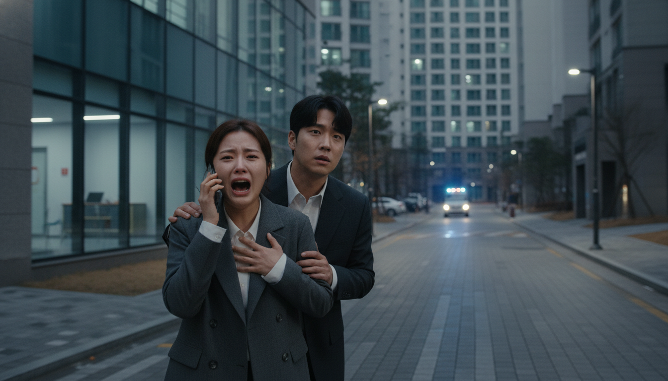 뇌졸중 의심 증상으로 고통받는 한국인이 119에 긴급 전화 신고를 하고, 옆에서 가족이 걱정스럽게 지켜보는 장면. 신속한 대처의 중요성 강조.