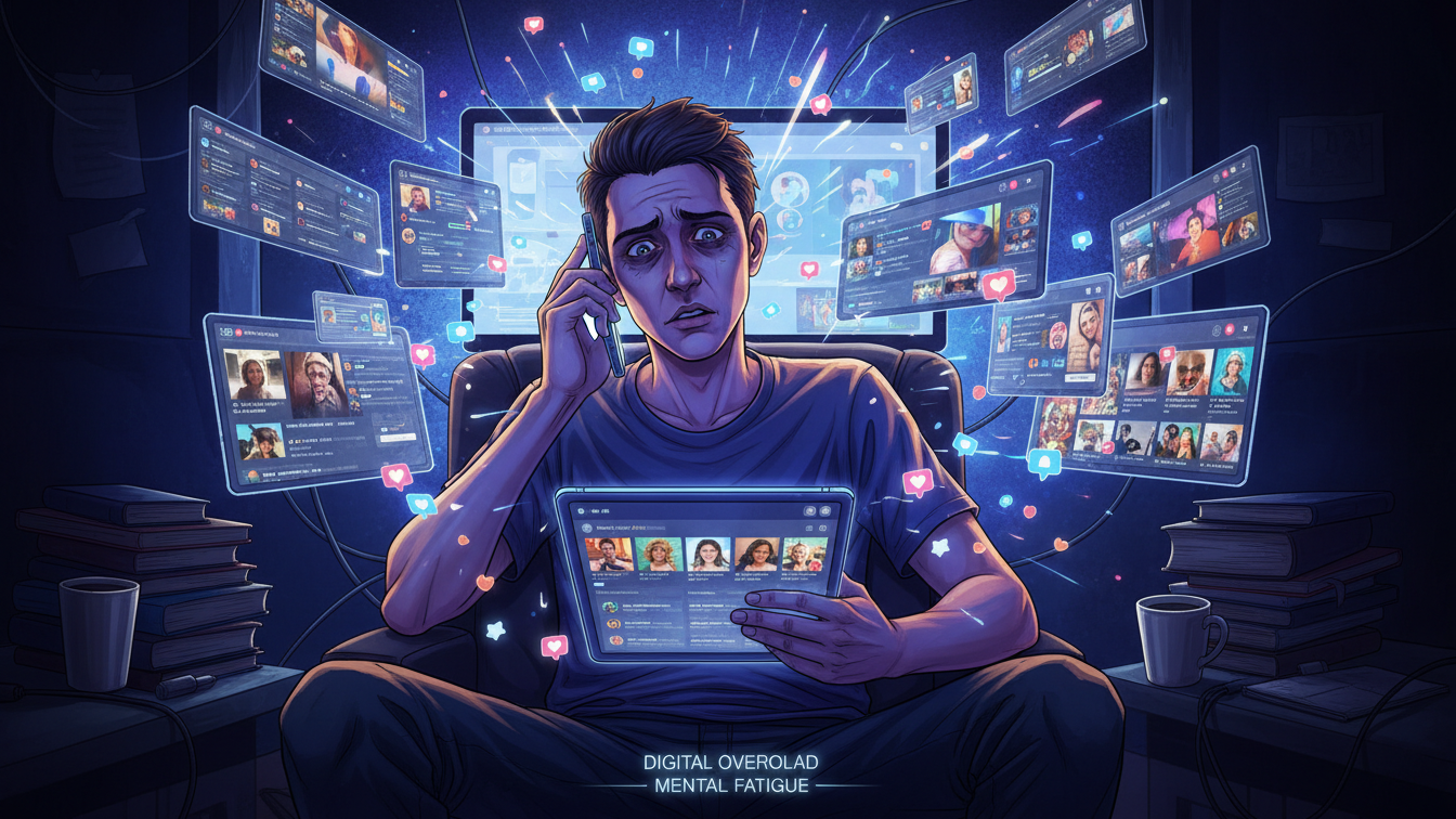 여러 디지털 화면에 둘러싸여 지치고 압도된 듯한 표정의 사람, 도파민 중독과 디지털 과부하 상태를 나타냅s니다.