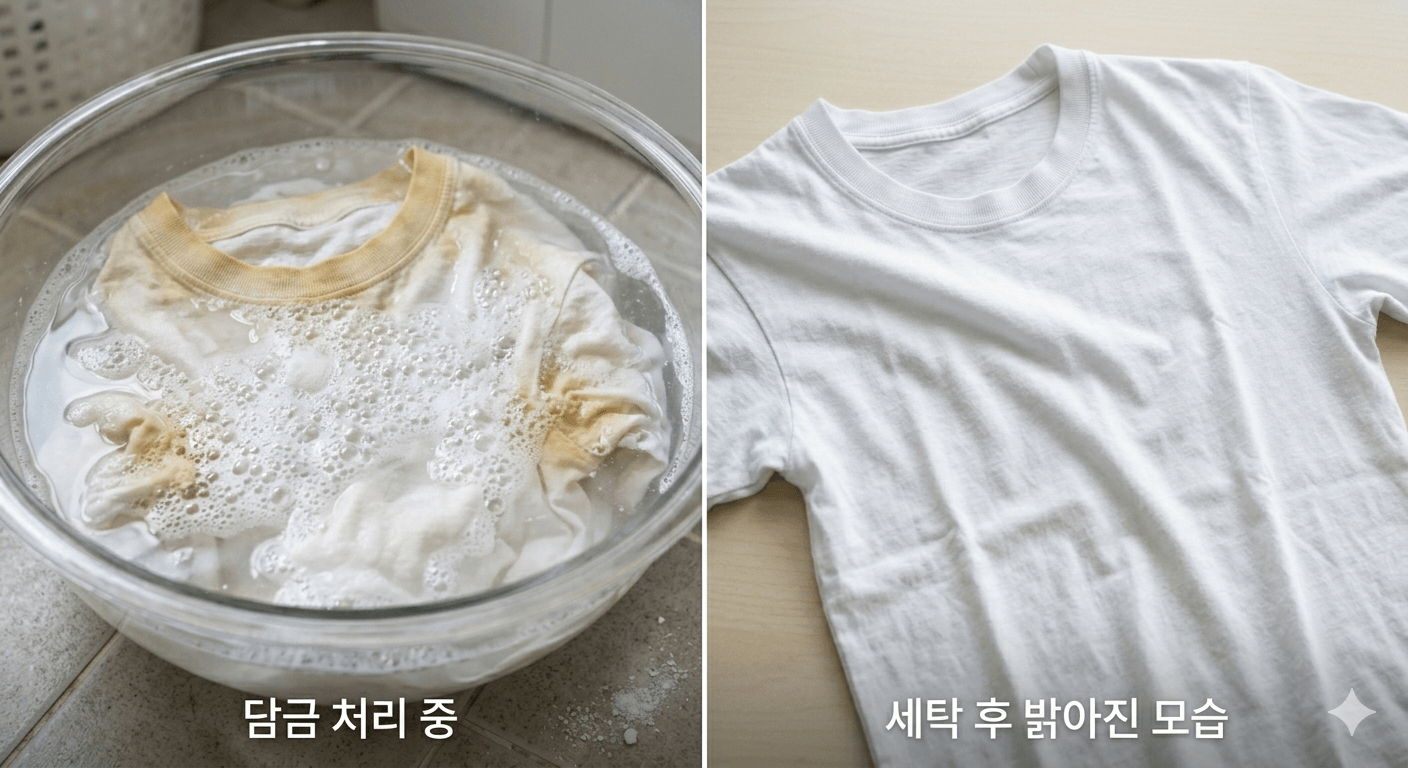 과탄산소다 물에 담근 흰 셔츠와 세탁 후 밝아진 모습 비교 사진