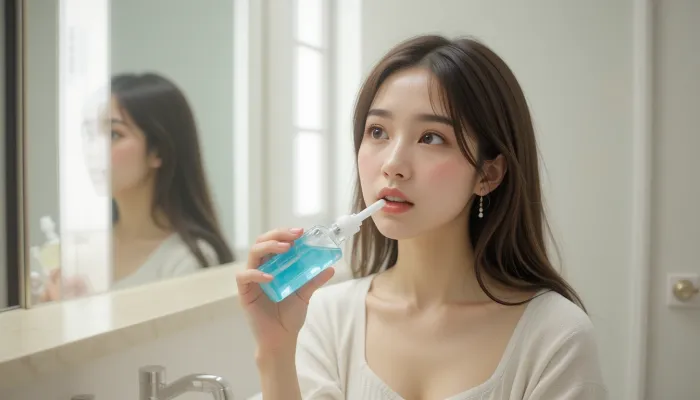 가글 사용법에 따라 가글하는 여성의 모습