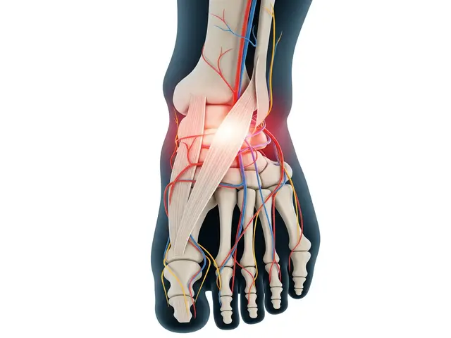 발등의 뼈, 인대, 신경 구조를 보여주는 해부학 이미지