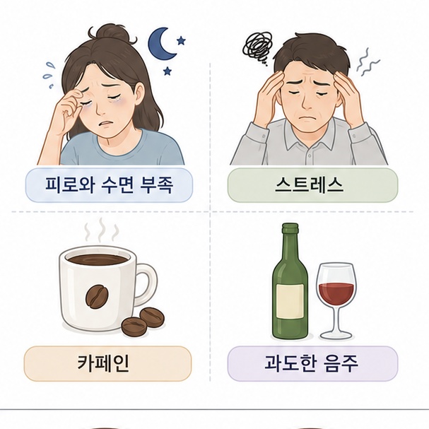 피로와 수면 부족, 스트레스와 카페인 섭취가 눈꺼풀 떨림을 촉발할 수 있음을 보여주는 그림